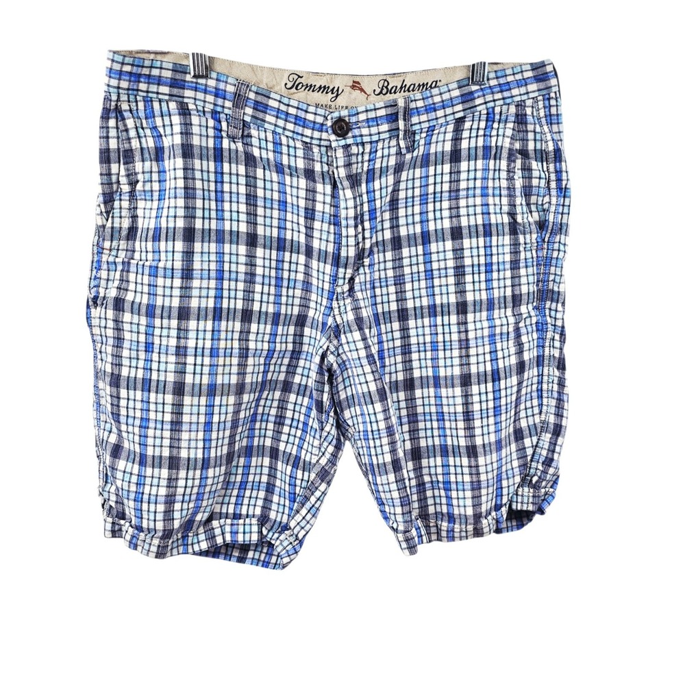 Tommy Bahama Men's Size 36 Plaid Linen Blend Shorts - Blue & White Tencel